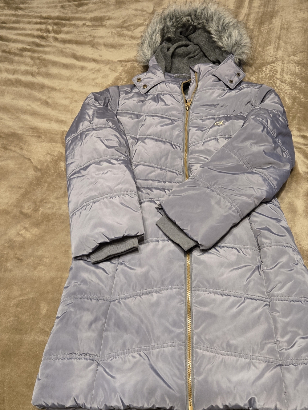 Calvin Klein Large 12/14 Light Gray Quilted Puffer Coat with Faux Fur Hood
